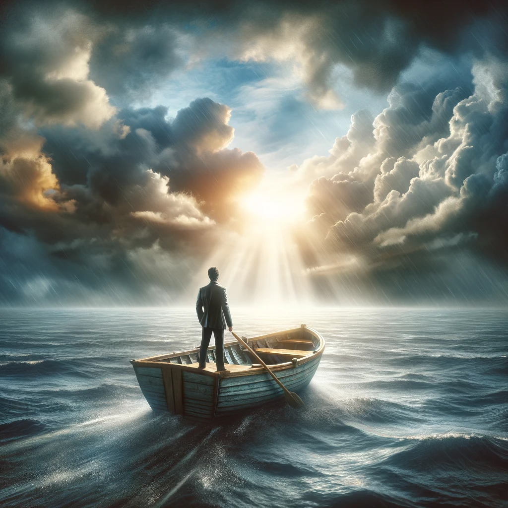 A serene yet dynamic image featuring a small, sturdy boat on a vast ocean. The sky is a mix of light and dark, symbolizing the mixed emotions of an ADHD diagnosis - with areas of bright light breaking through clouds, representing hope and clarity amidst uncertainty. The boat, occupied by a single individual, symbolizes the personal journey of navigating ADHD. The person is confidently steering, looking ahead with determination and a sense of discovery. The water around the boat is calm near the boat but gets slightly rougher in the distance, depicting the challenges and ups and downs of the journey. The horizon is visible, symbolizing the future and the new paths that open up with understanding one's ADHD. The overall tone of the image is uplifting, portraying a sense of empowerment and positivity in the face of challenges.
