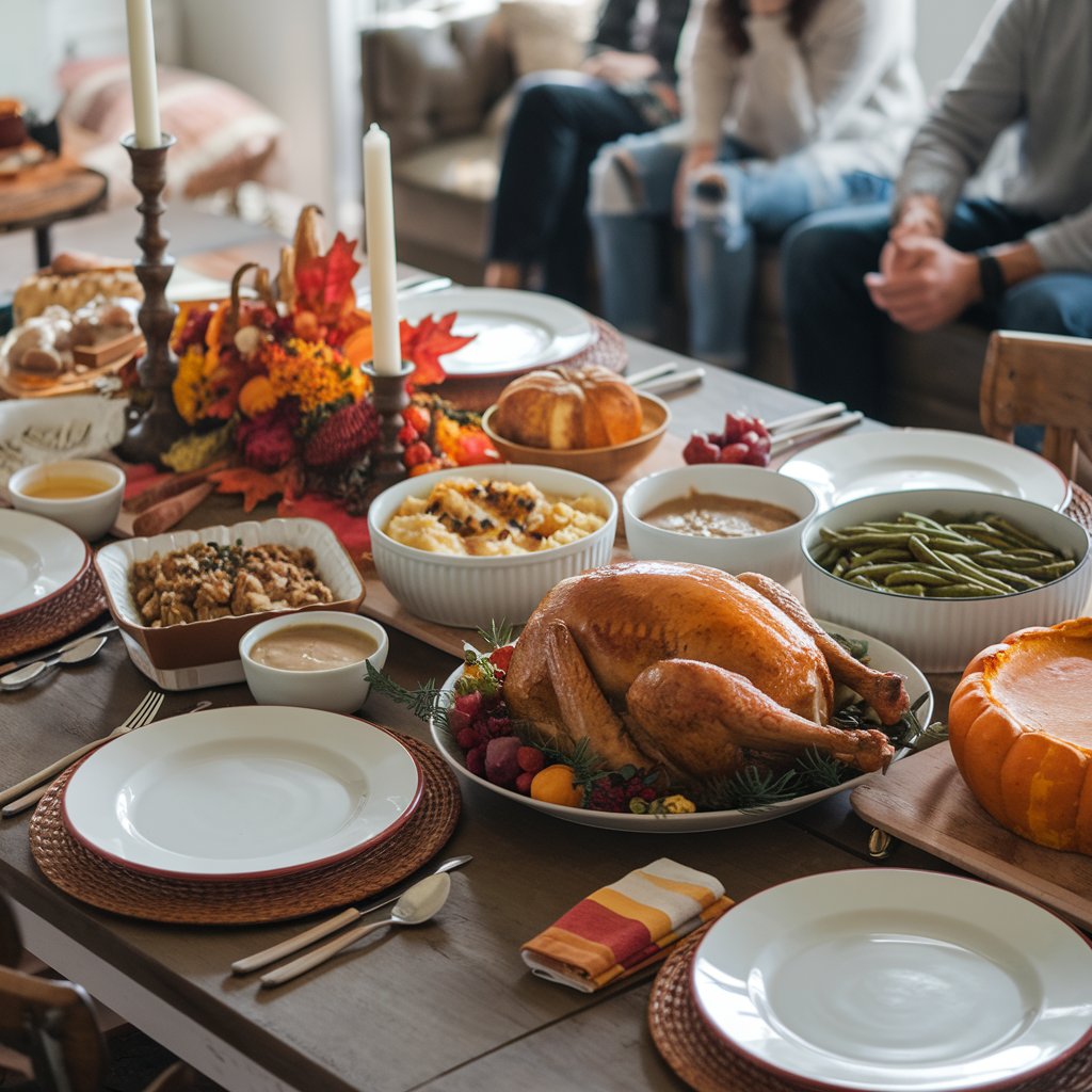 Traditional Thanksgiving table set with a roasted turkey, seasonal side dishes, and autumn decorations, evoking warmth, togetherness, and the holiday's festive atmosphere.